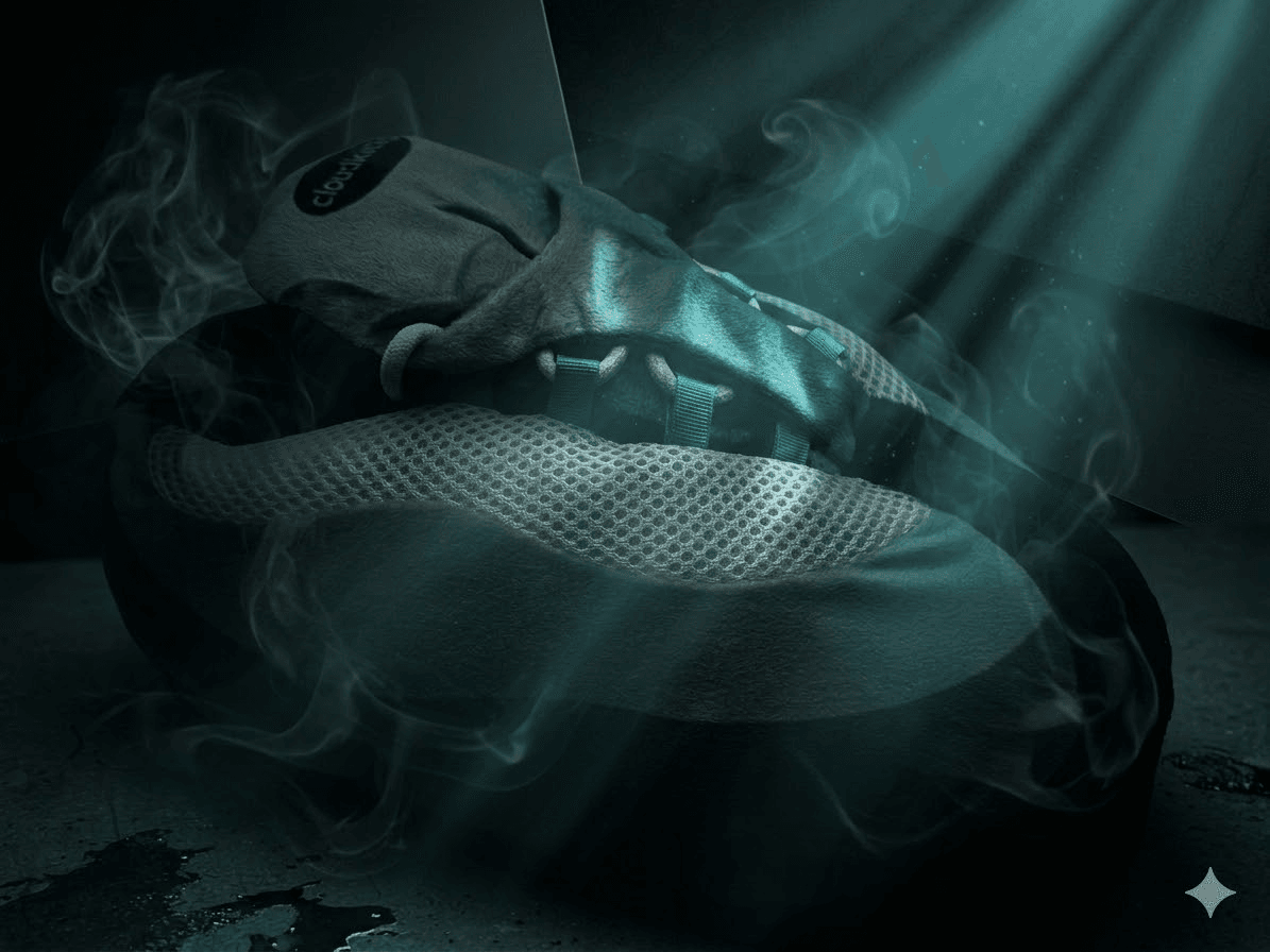 A CloudKicks Air 110 plush slipper in Hyper Turquoise wrapped in teal smoke under a shaft of light